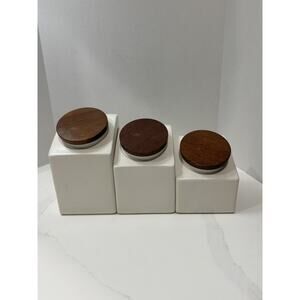 3 Hyalyn Pottery Vintage Kitchen Canisters w/ Wood Lids